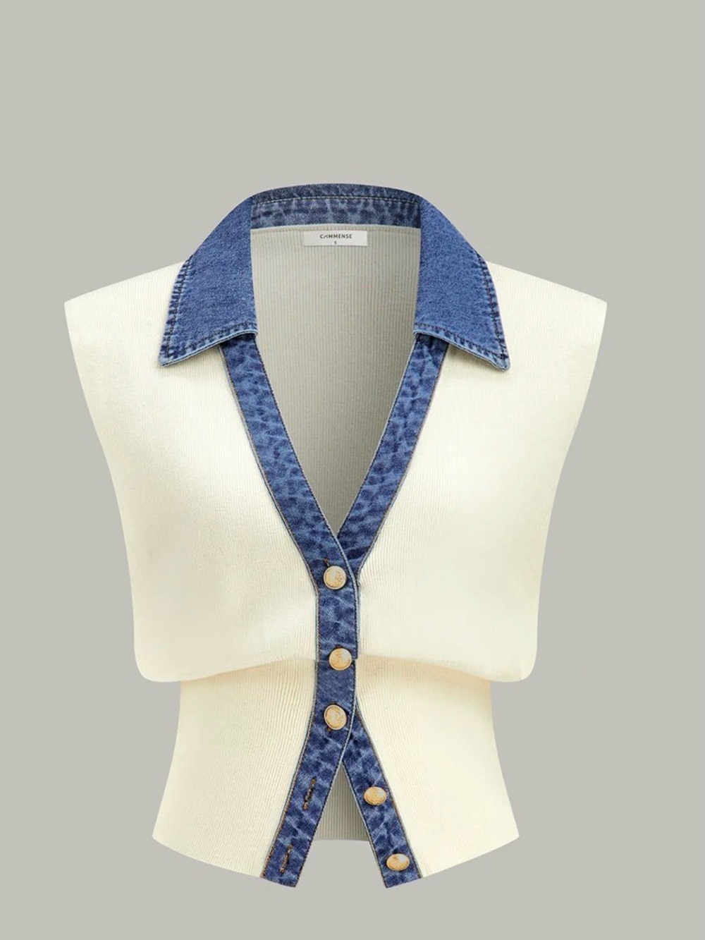Commense Cream Knit Sleeveless Top with Denim Trim